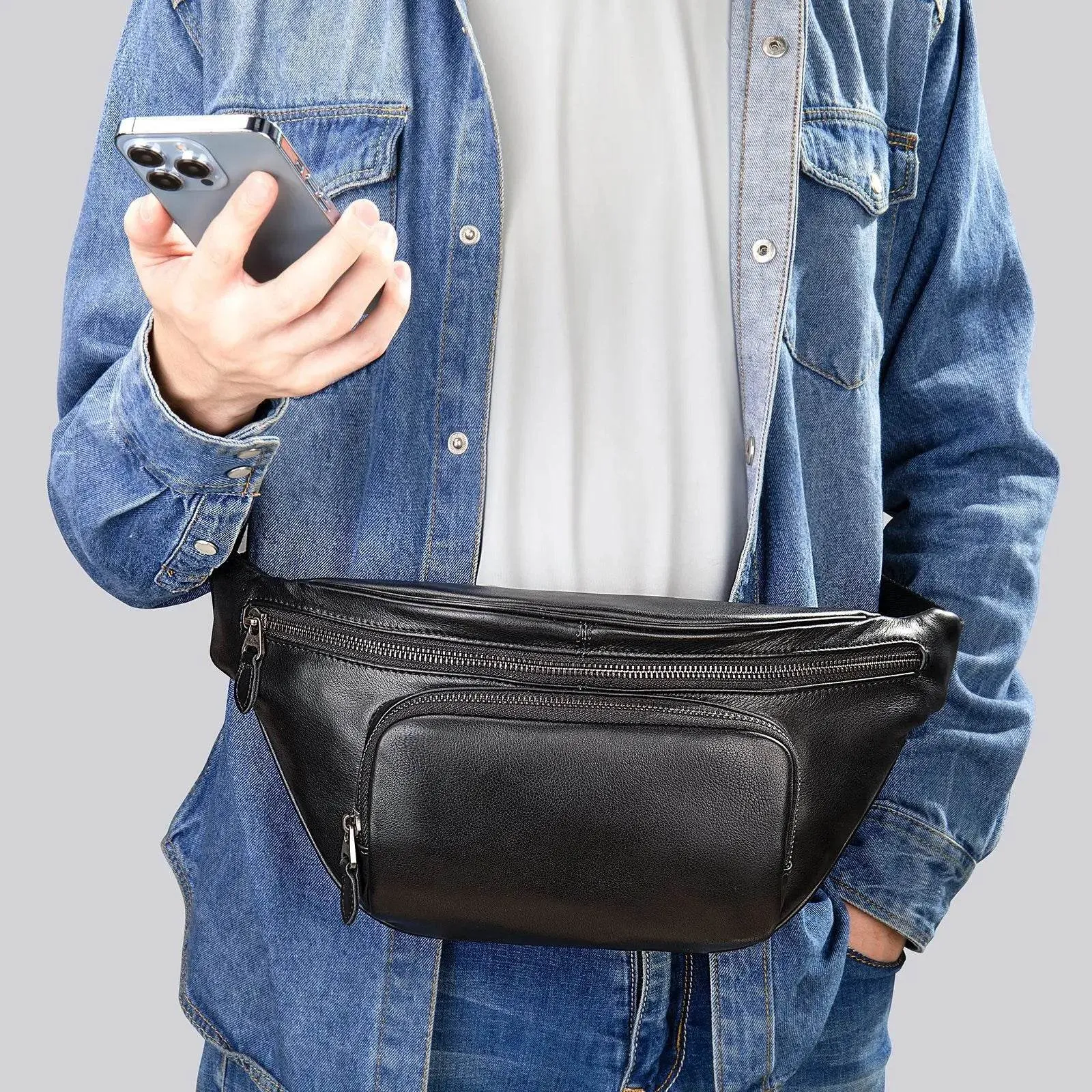 Men's Single Shoulder Crossbody Real Cowhide Waist Pack Chest Bag