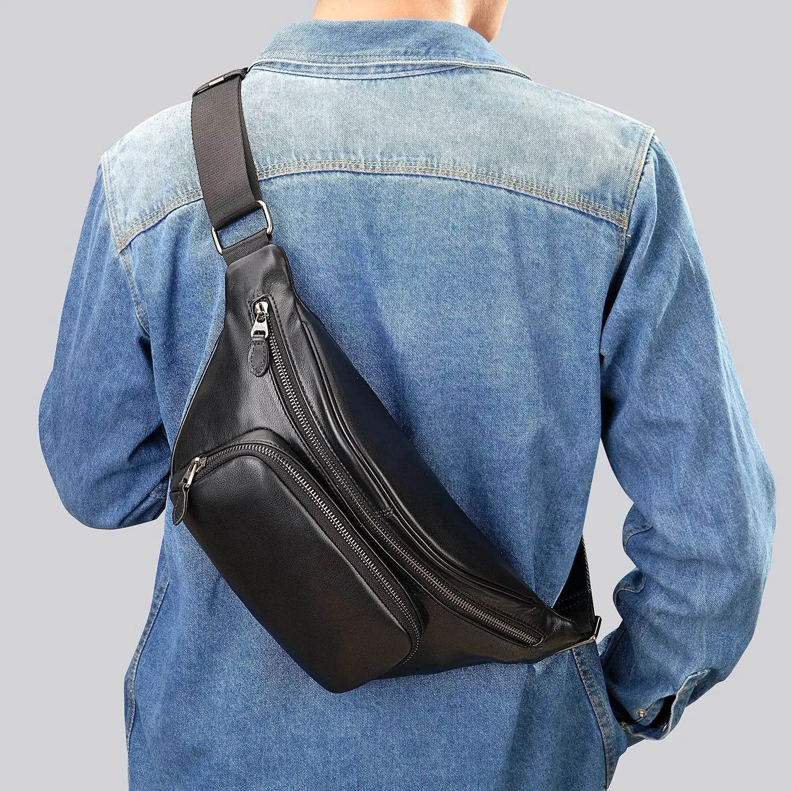 Men's Single Shoulder Crossbody Real Cowhide Waist Pack Chest Bag