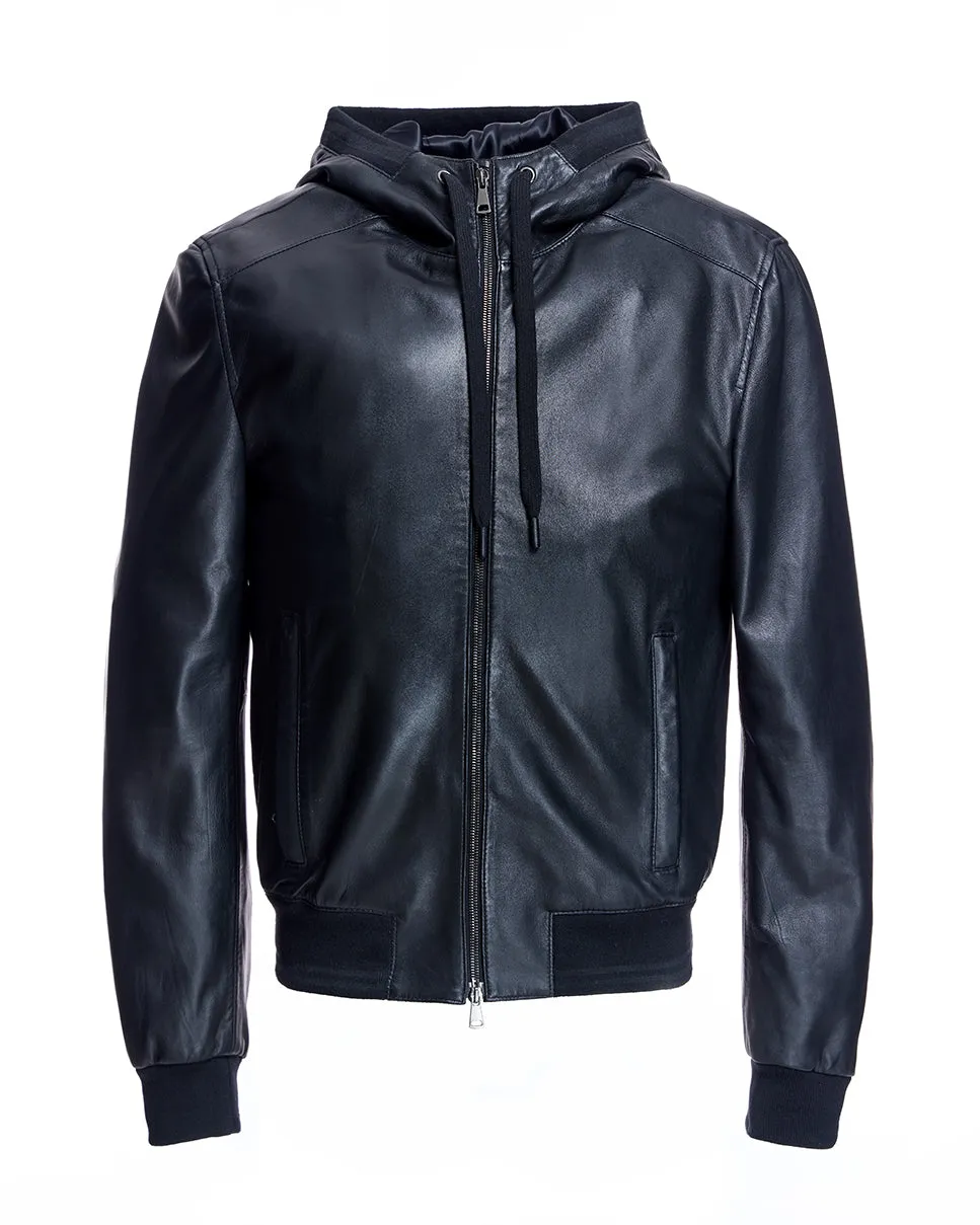 Men's Slim Fit Leather Hooded Jacket