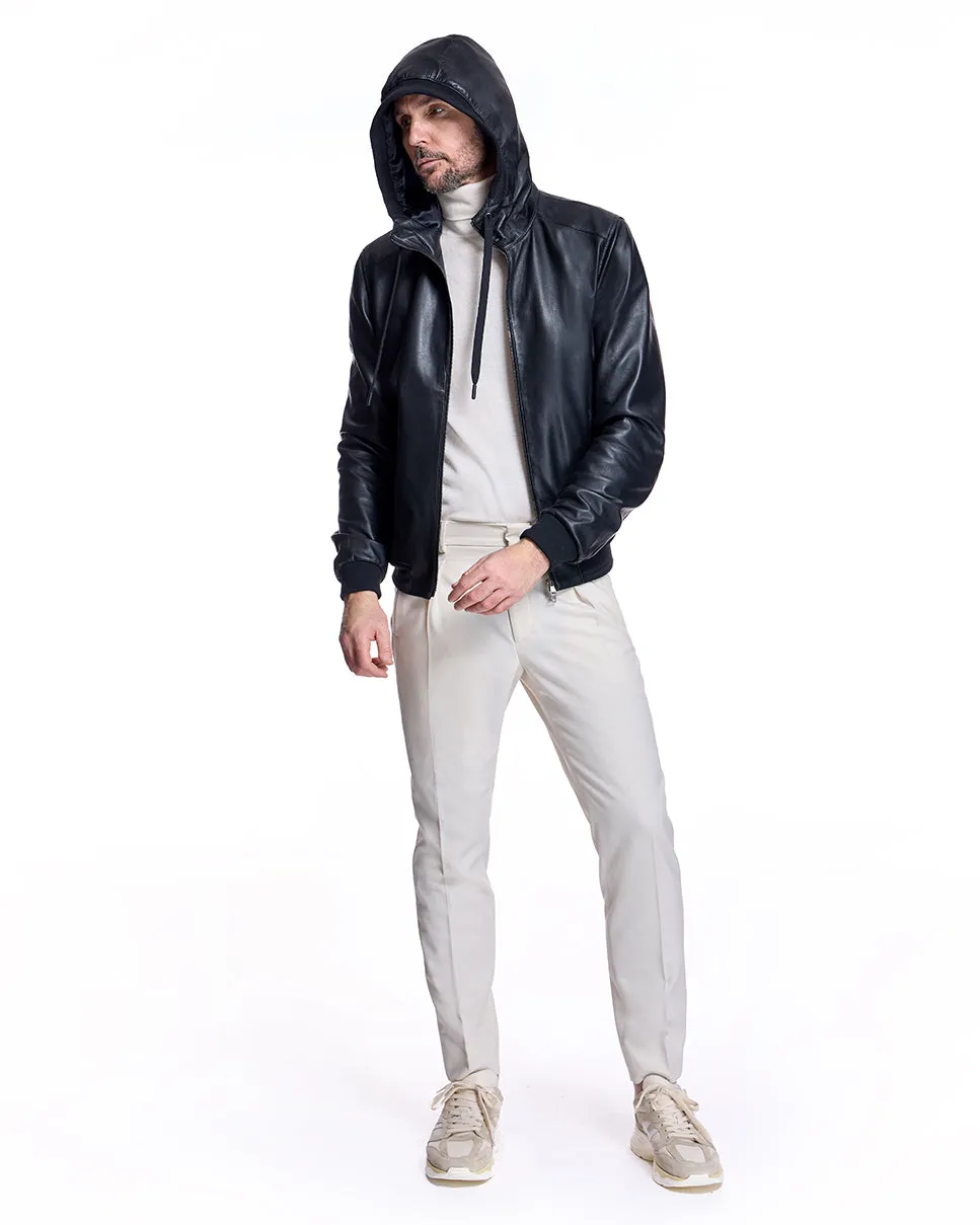 Men's Slim Fit Leather Hooded Jacket