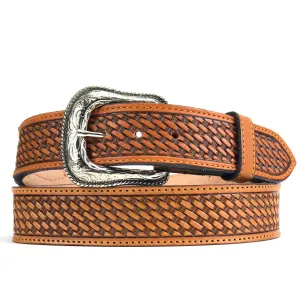 Men's Tan Leather Basket Weave Belt with Silver Tone Buckle 38A13