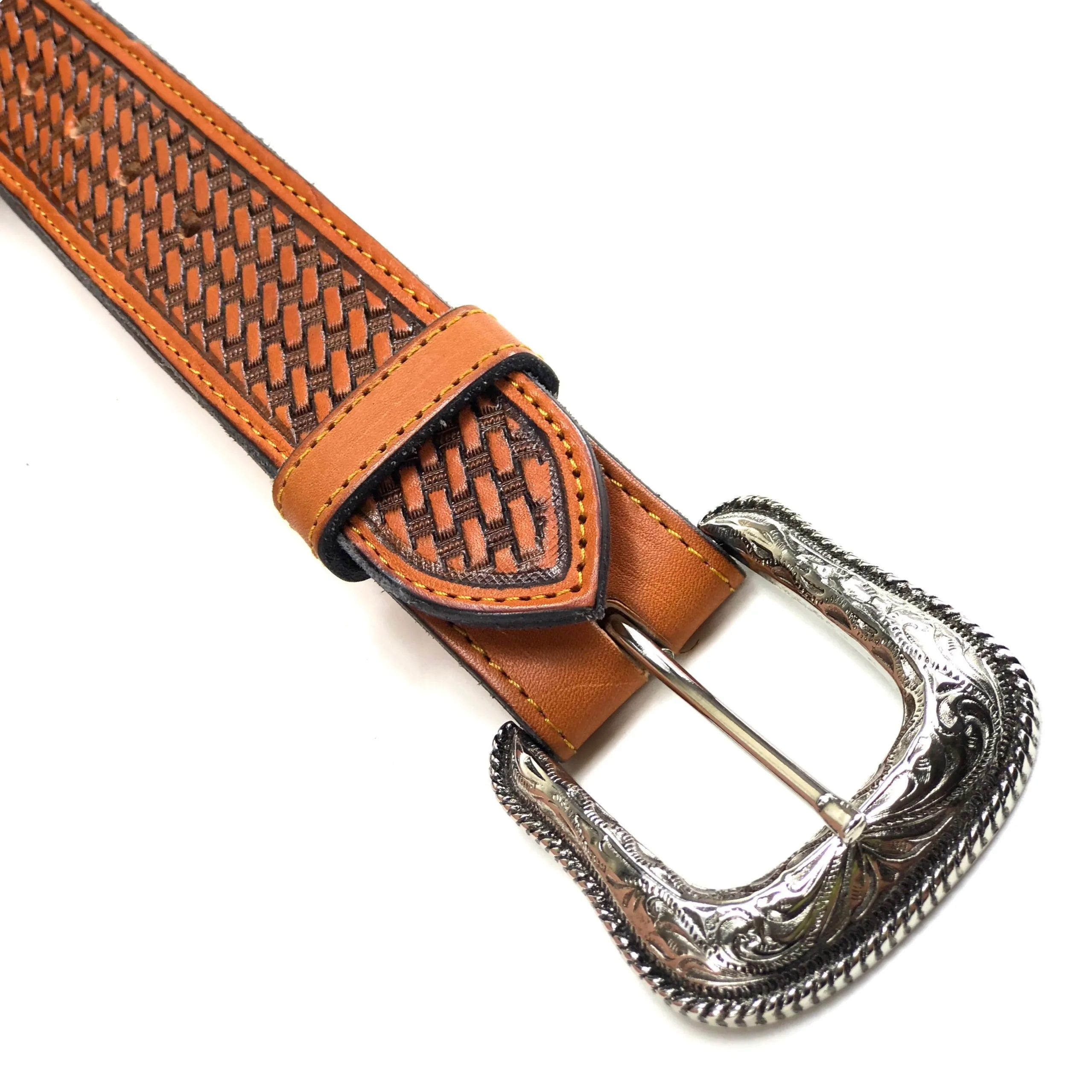 Men's Tan Leather Basket Weave Belt with Silver Tone Buckle 38A13