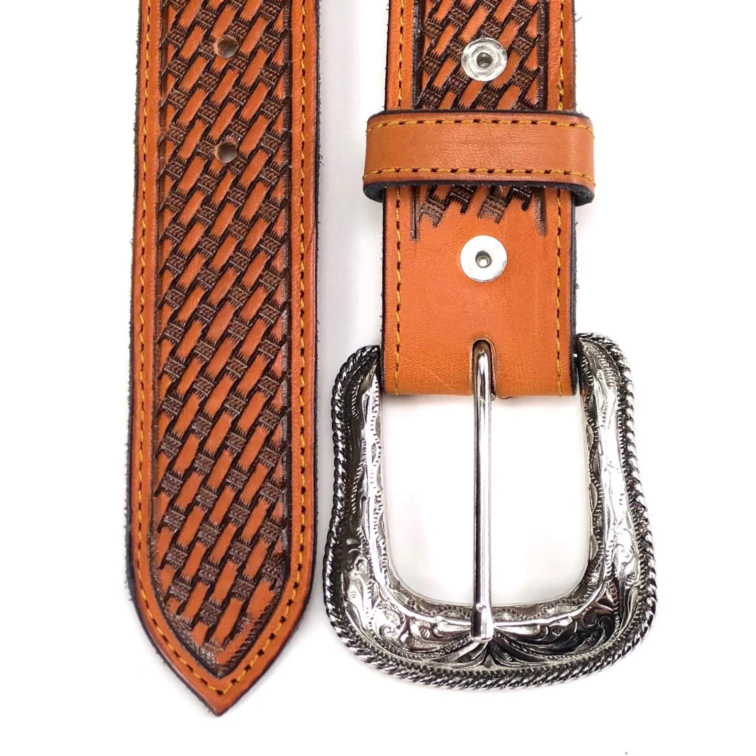 Men's Tan Leather Basket Weave Belt with Silver Tone Buckle 38A13