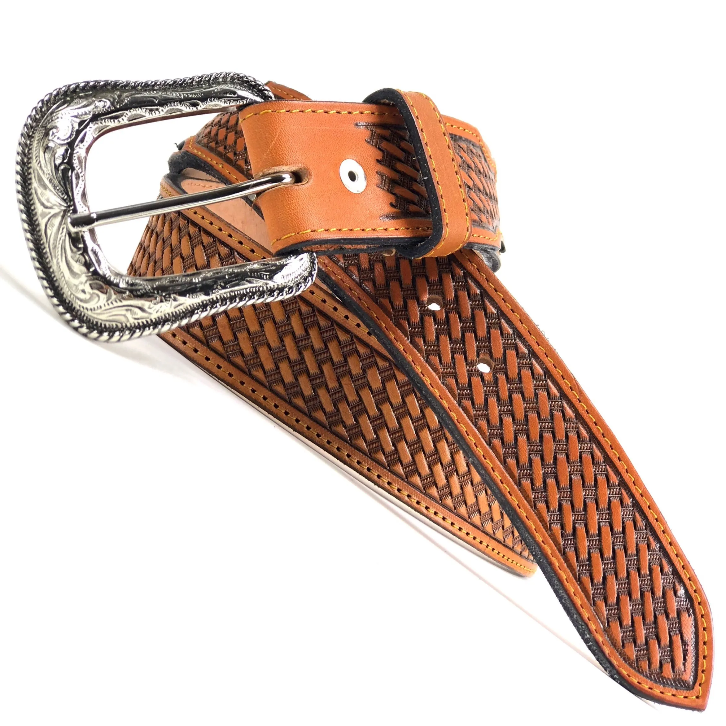 Men's Tan Leather Basket Weave Belt with Silver Tone Buckle 38A13