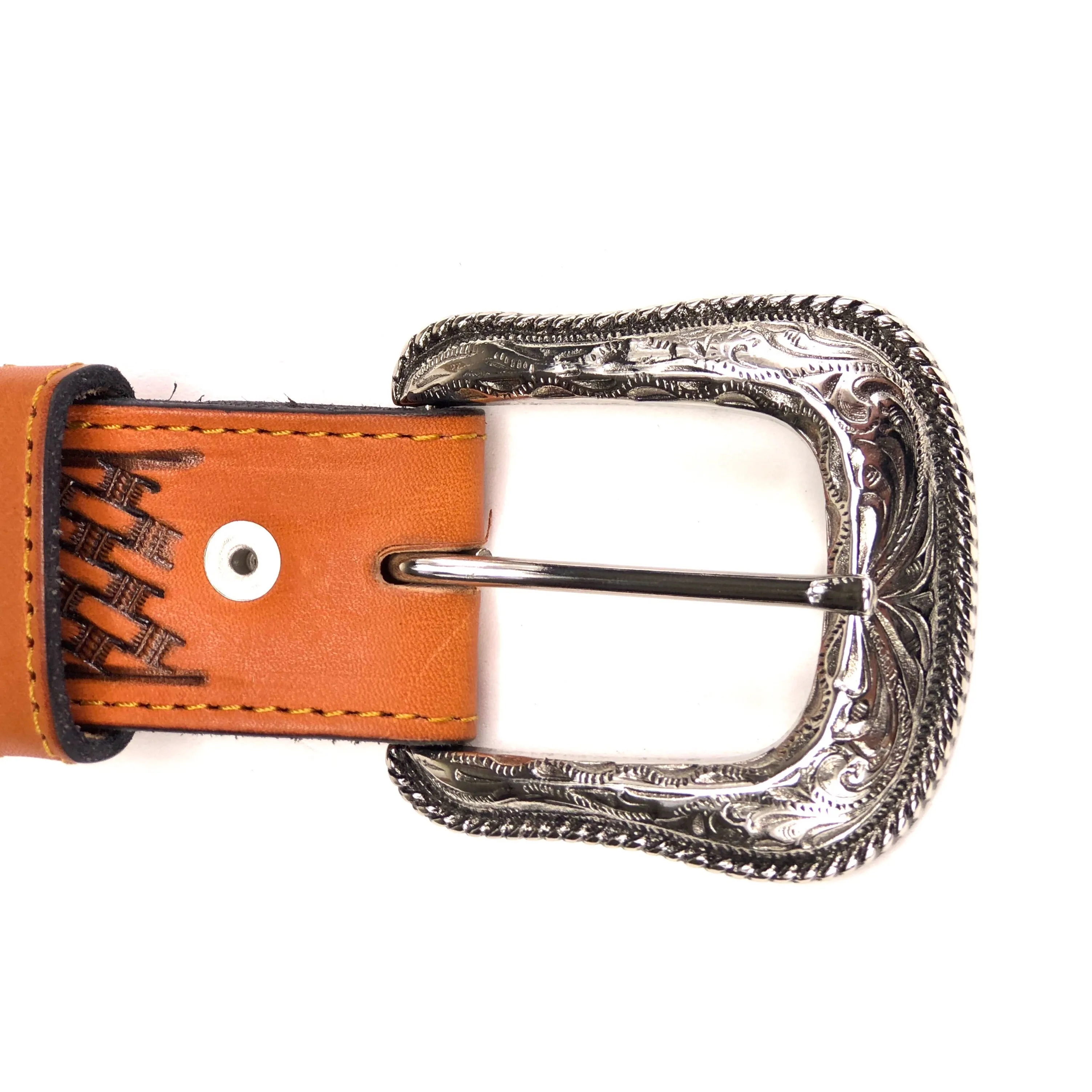 Men's Tan Leather Basket Weave Belt with Silver Tone Buckle 38A13