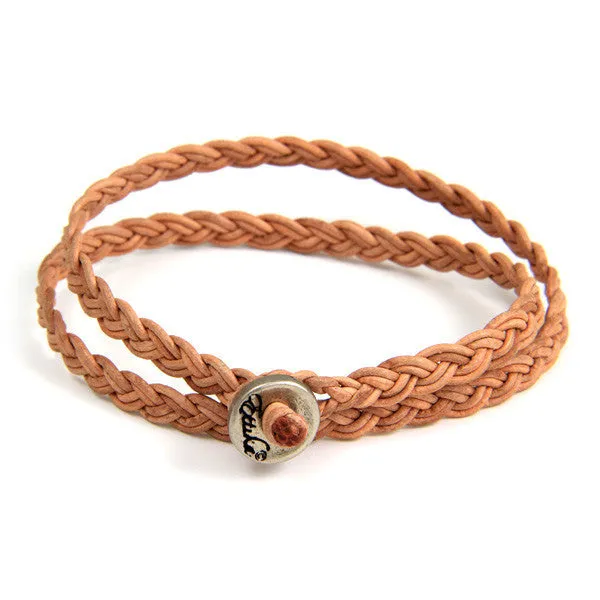 Mens Tan Leather Wrap Bracelet with Silver Button Closure