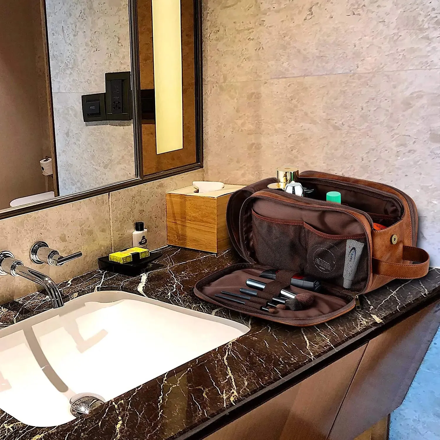 Men's Waterproof Leather Travel Organizer - Executive Toiletry Bag