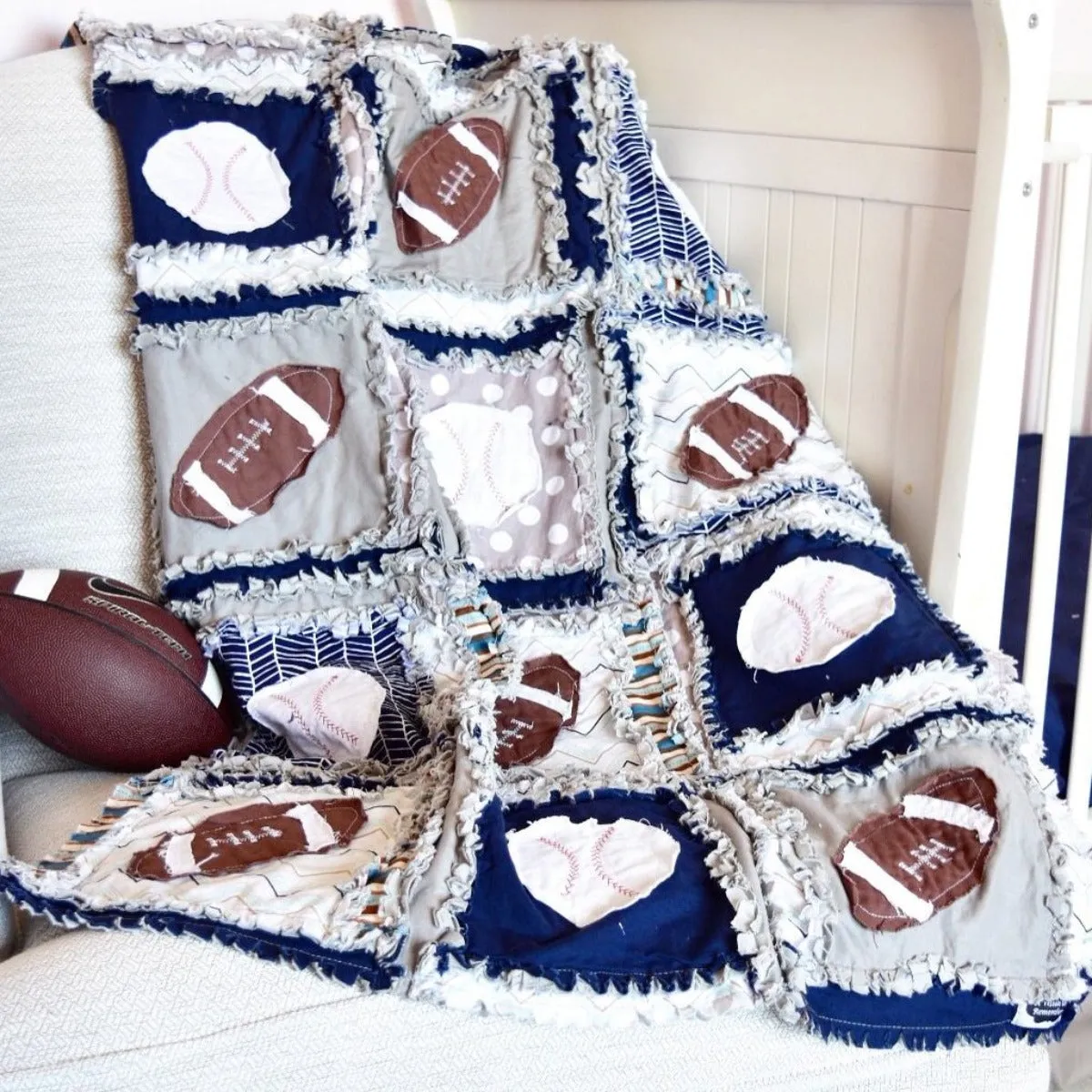 Navy & Gray Sports Baby Quilt – Football & Baseball Theme | Personalized Boy Nursery Bedding