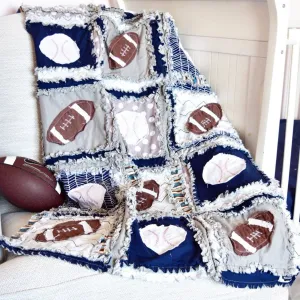 Navy & Gray Sports Baby Quilt – Football & Baseball Theme | Personalized Boy Nursery Bedding