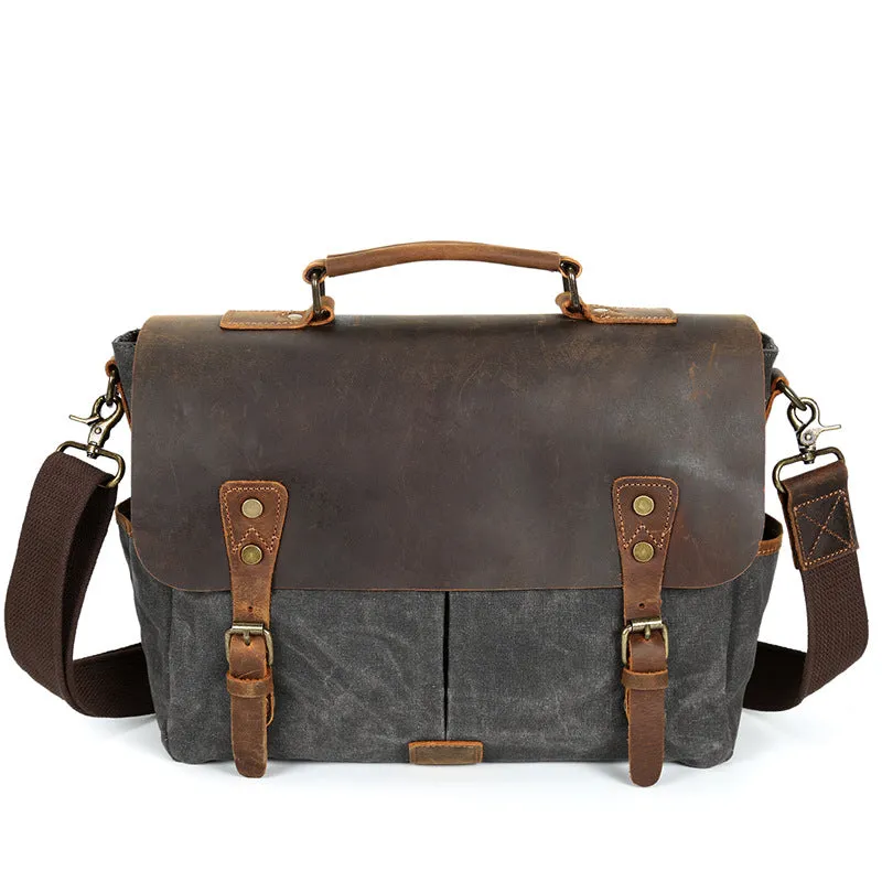 New men's shoulder wax canvas bag waterproof bag retro crazy horse leather briefcases package male