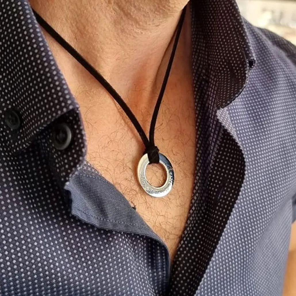 Personalized Mens Necklace - Custom Silver Round Pendant Engraved Words