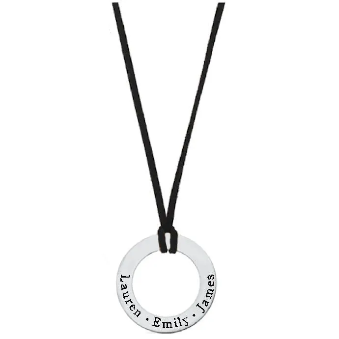 Personalized Mens Necklace - Custom Silver Round Pendant Engraved Words
