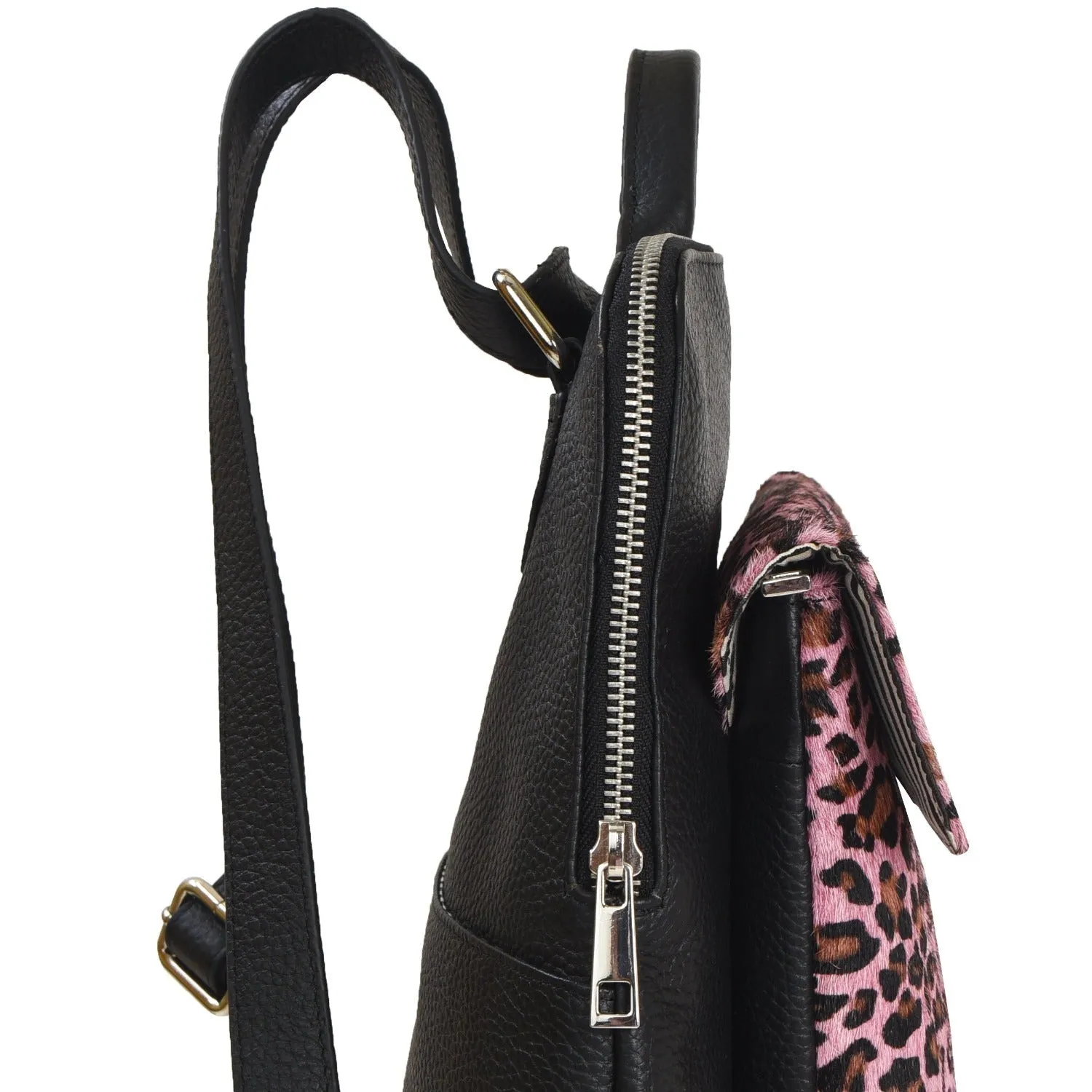 Pink Animal Print Leather Flap Pocket Backpack