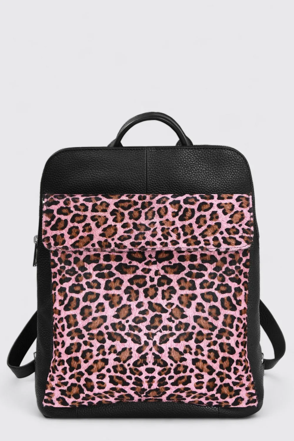Pink Animal Print Leather Flap Pocket Backpack