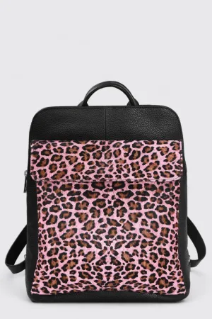 Pink Animal Print Leather Flap Pocket Backpack