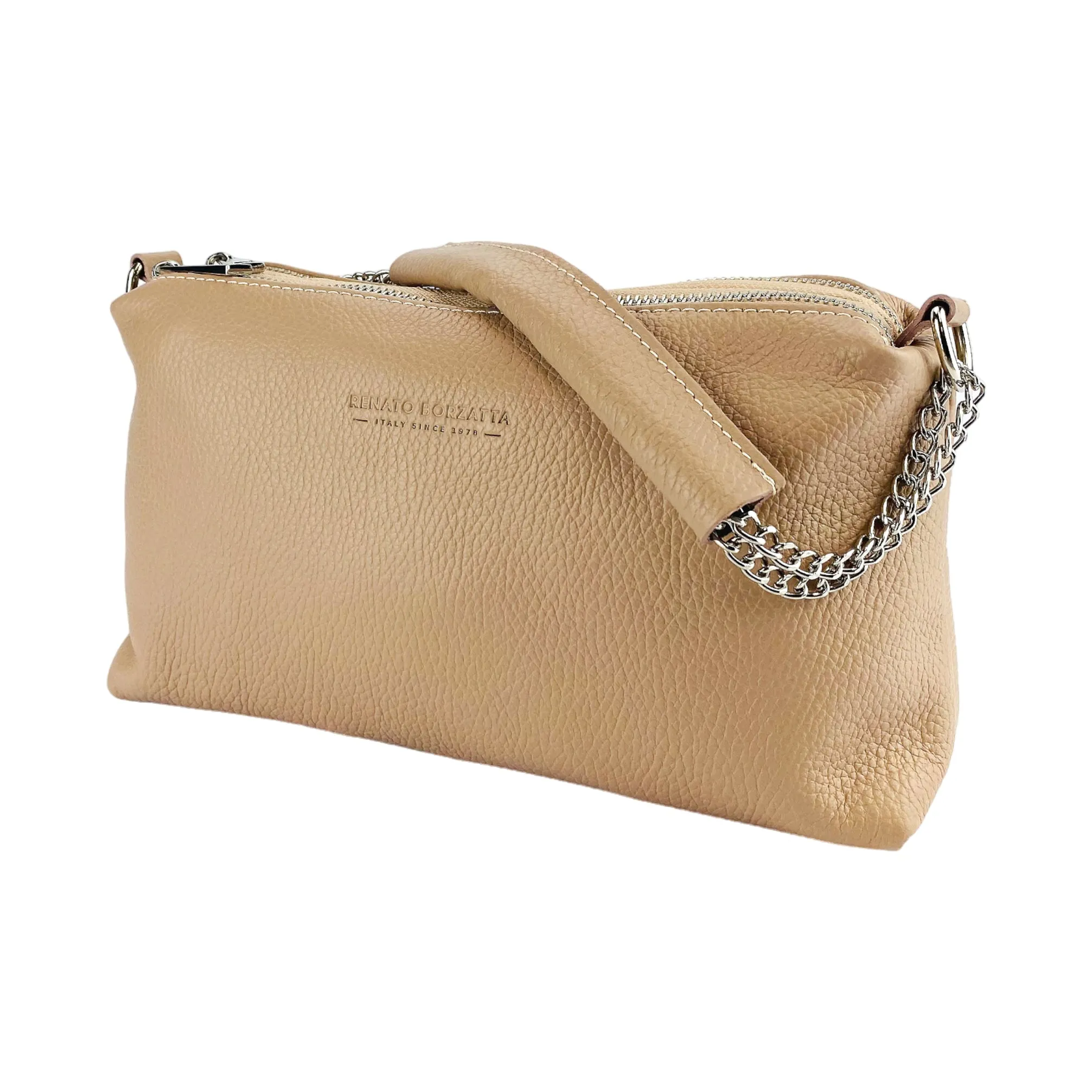 RB1025AU | Women's Handbag with double zip in genuine leather Made in Italy. Adjustable leather shoulder strap. Polished Nickel Accessories - Powder Color - Dimensions: cm 26 x 14 x 9