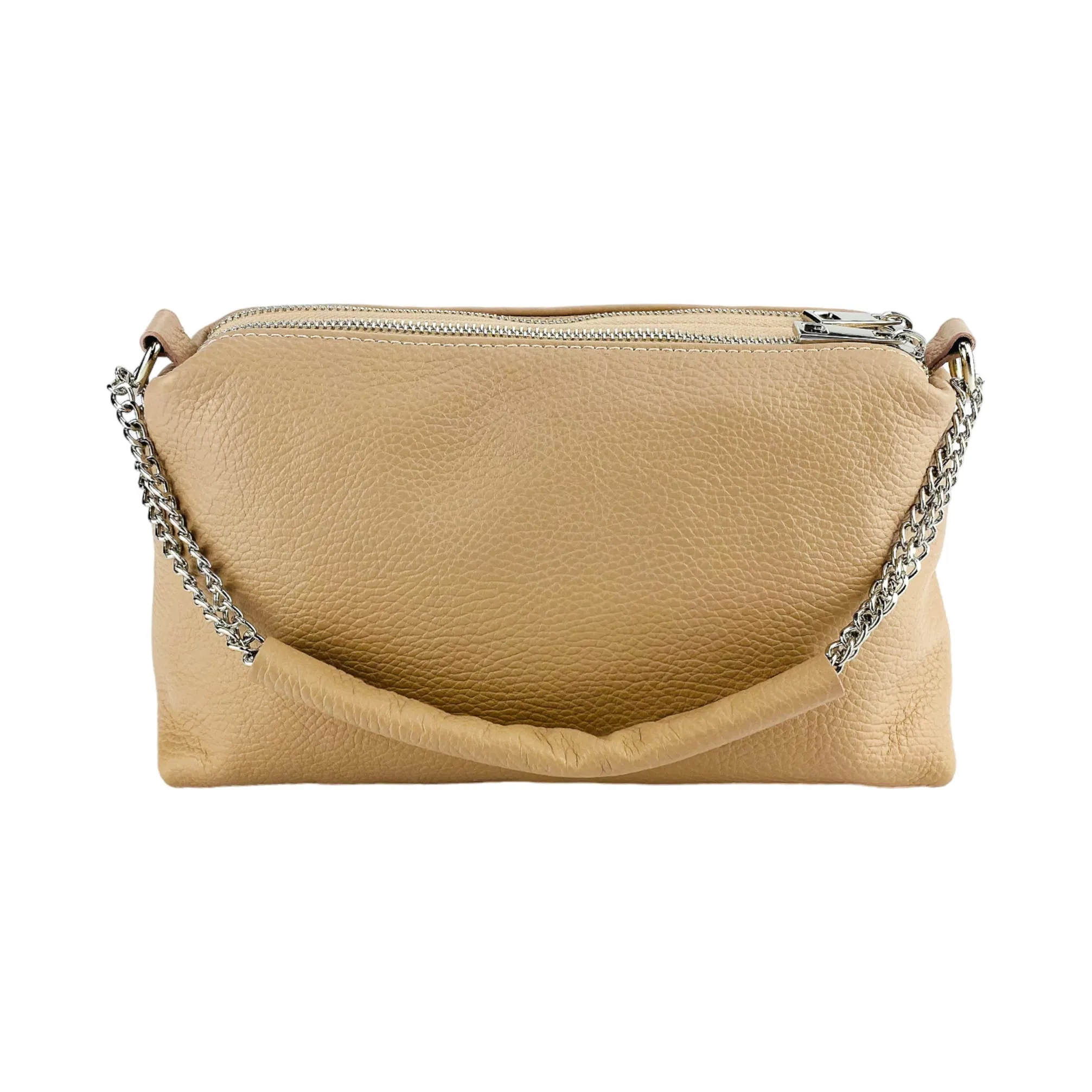 RB1025AU | Women's Handbag with double zip in genuine leather Made in Italy. Adjustable leather shoulder strap. Polished Nickel Accessories - Powder Color - Dimensions: cm 26 x 14 x 9