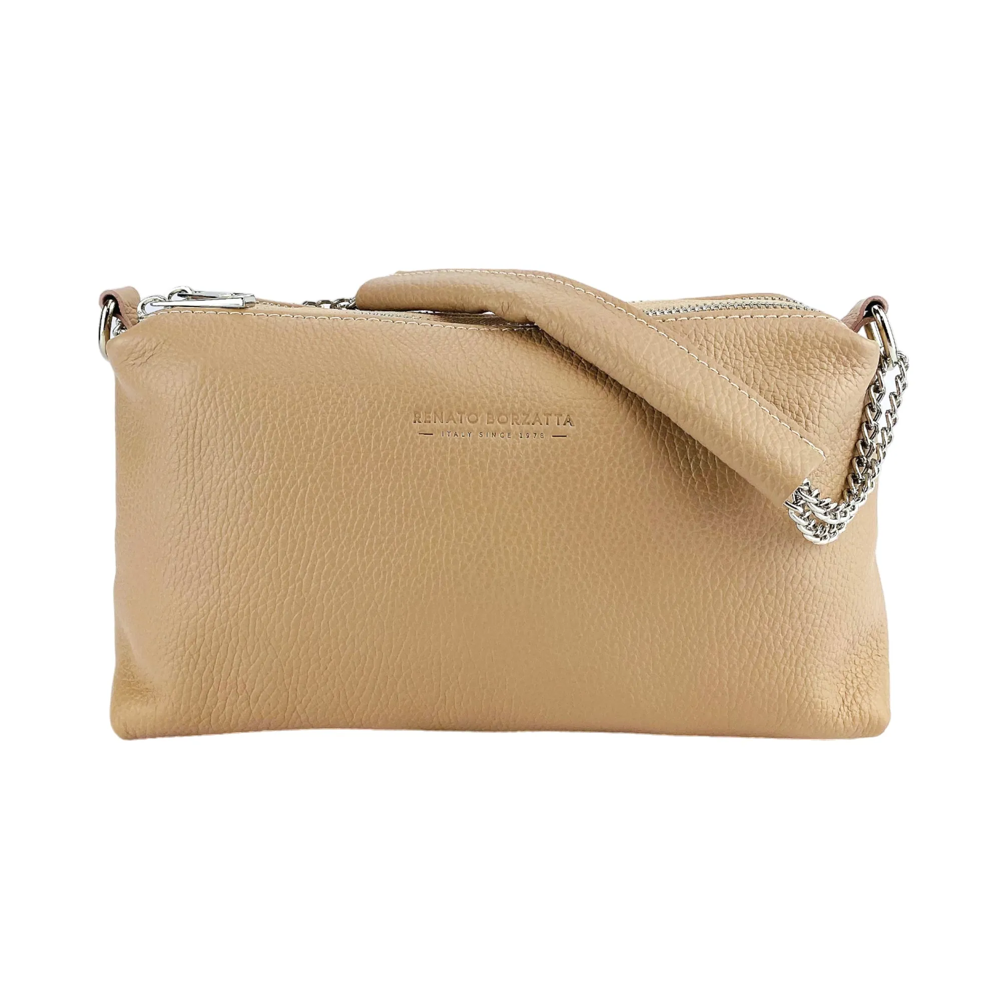 RB1025AU | Women's Handbag with double zip in genuine leather Made in Italy. Adjustable leather shoulder strap. Polished Nickel Accessories - Powder Color - Dimensions: cm 26 x 14 x 9