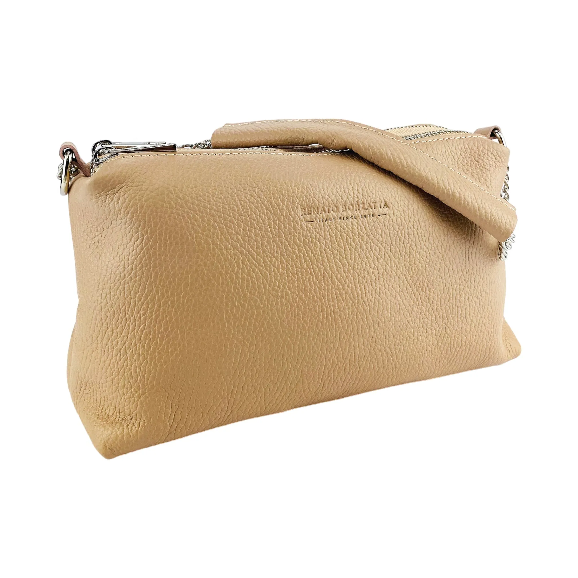 RB1025AU | Women's Handbag with double zip in genuine leather Made in Italy. Adjustable leather shoulder strap. Polished Nickel Accessories - Powder Color - Dimensions: cm 26 x 14 x 9
