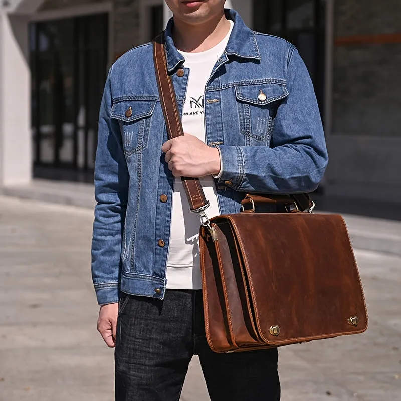 Retro Leather Business Men's Bag Crazy Horse Leather Tote Shoulder Bag