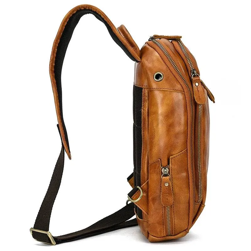 Soft Cowhide Men's Chest Bag Crossbody USB Sling Outdoor Pack