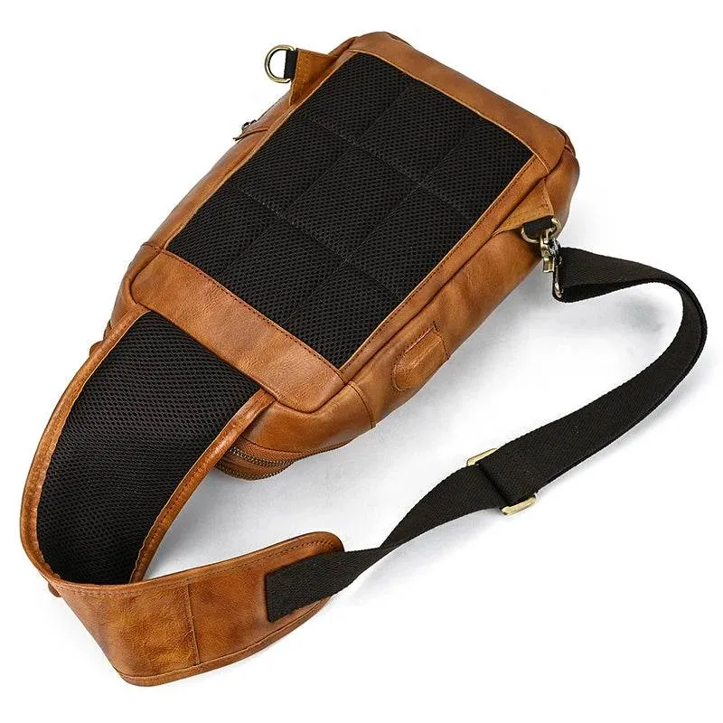 Soft Cowhide Men's Chest Bag Crossbody USB Sling Outdoor Pack