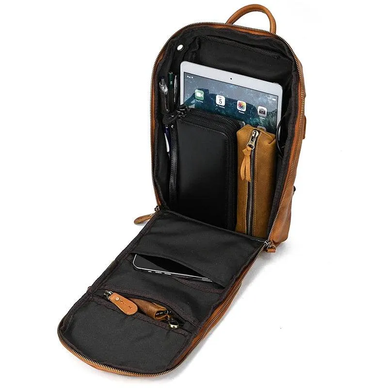 Soft Cowhide Men's Chest Bag Crossbody USB Sling Outdoor Pack