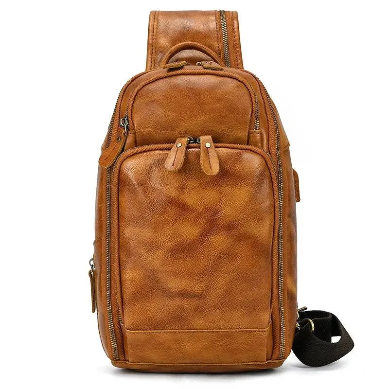 Soft Cowhide Men's Chest Bag Crossbody USB Sling Outdoor Pack
