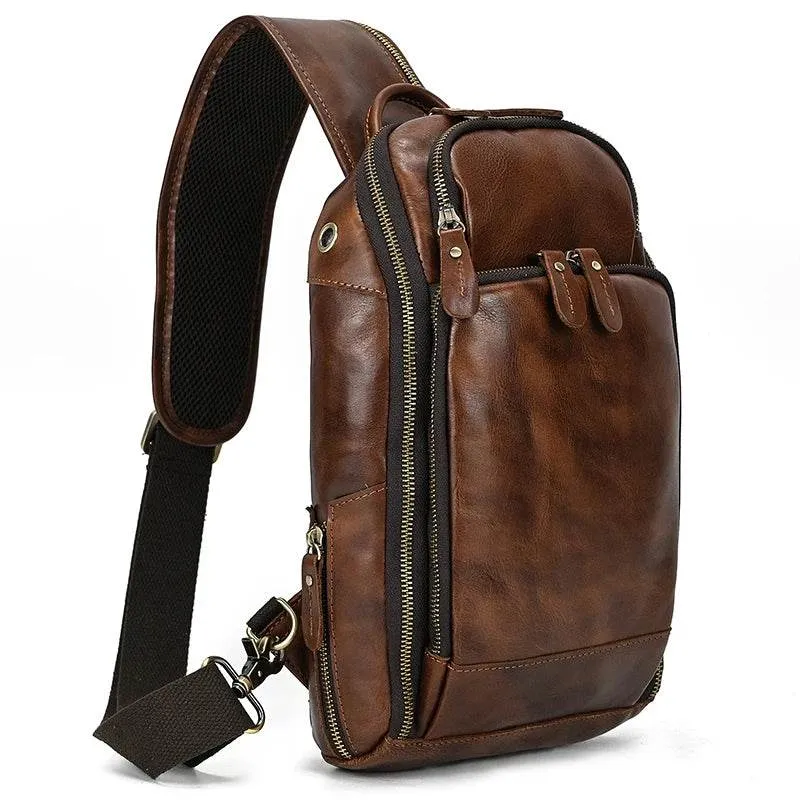 Soft Cowhide Men's Chest Bag Crossbody USB Sling Outdoor Pack
