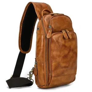 Soft Cowhide Men's Chest Bag Crossbody USB Sling Outdoor Pack