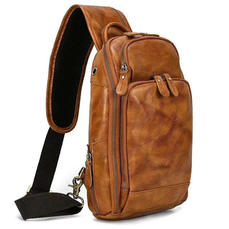 Soft Cowhide Men's Chest Bag Crossbody USB Sling Outdoor Pack