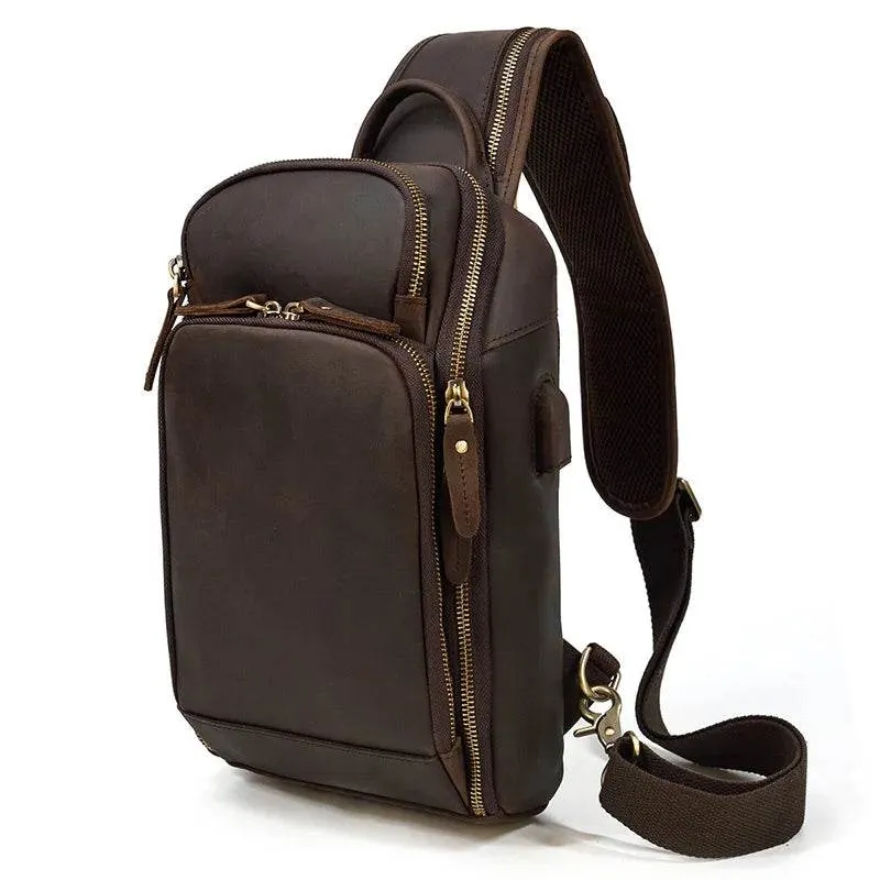 Soft Cowhide Men's Chest Bag Crossbody USB Sling Outdoor Pack