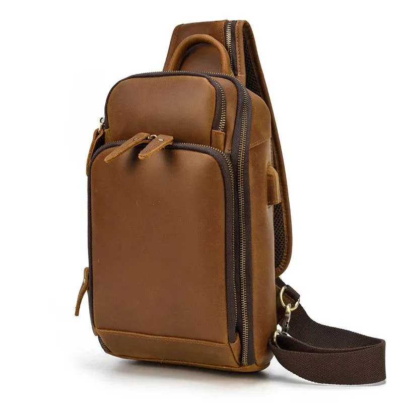 Soft Cowhide Men's Chest Bag Crossbody USB Sling Outdoor Pack
