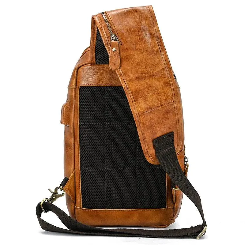 Soft Cowhide Men's Chest Bag Crossbody USB Sling Outdoor Pack
