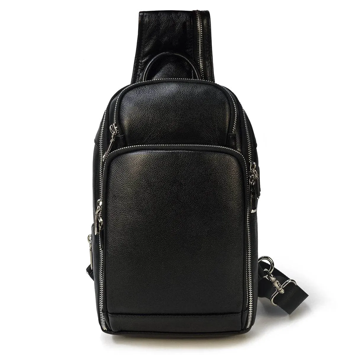 Soft Cowhide Men's Chest Bag Crossbody USB Sling Outdoor Pack