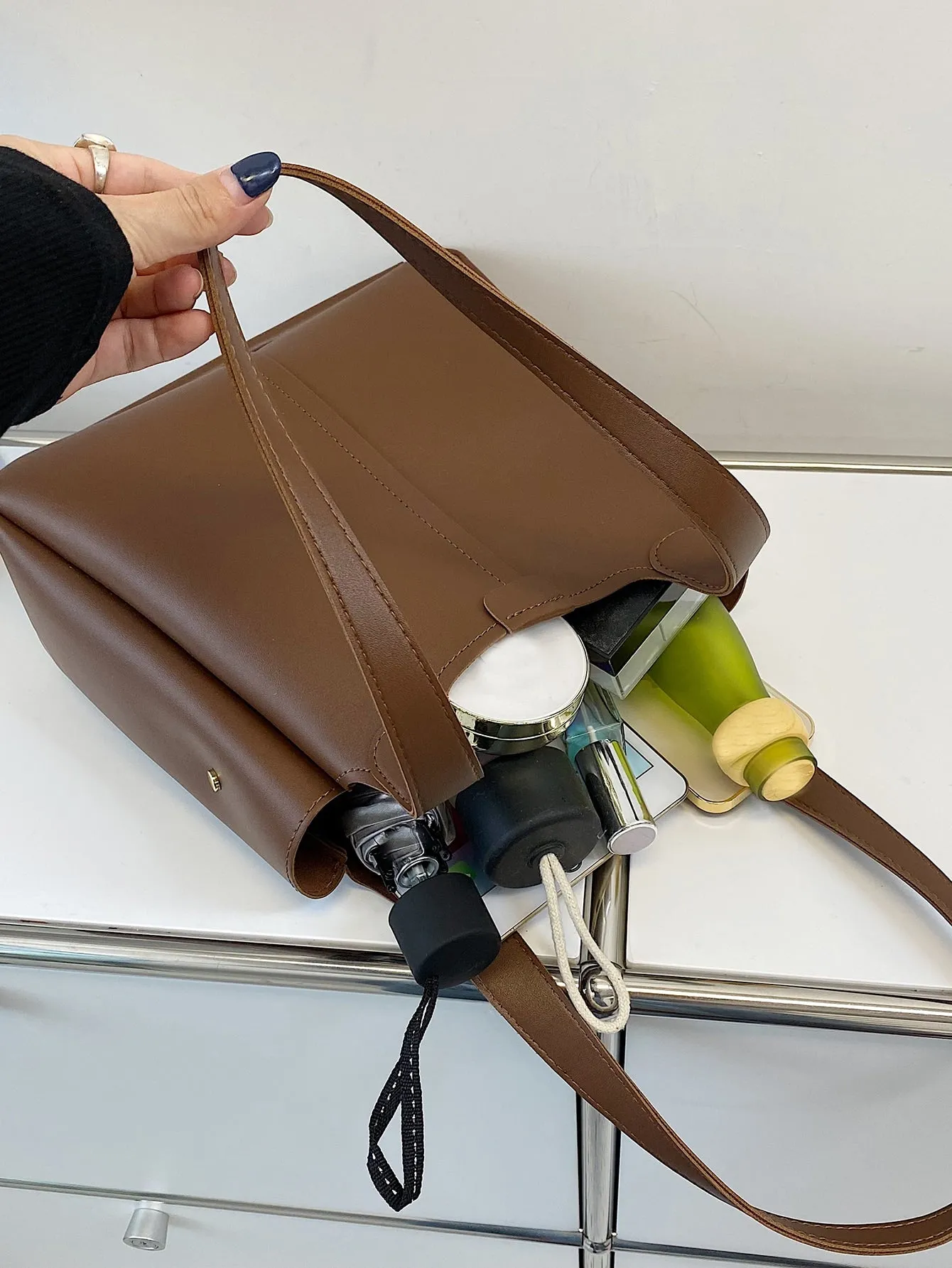 Stitch Detail Shoulder Tote Bag - Brown
