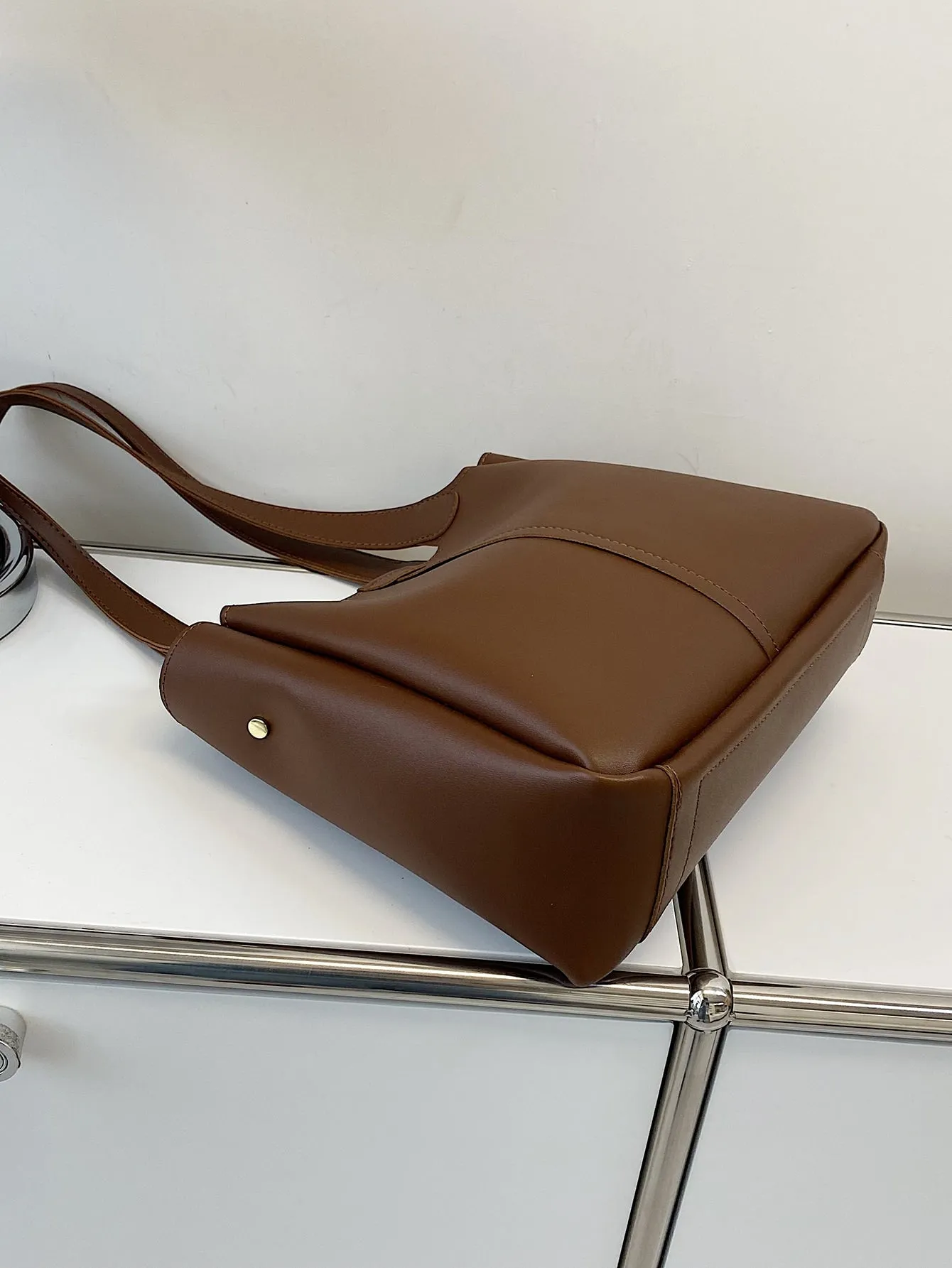 Stitch Detail Shoulder Tote Bag - Brown