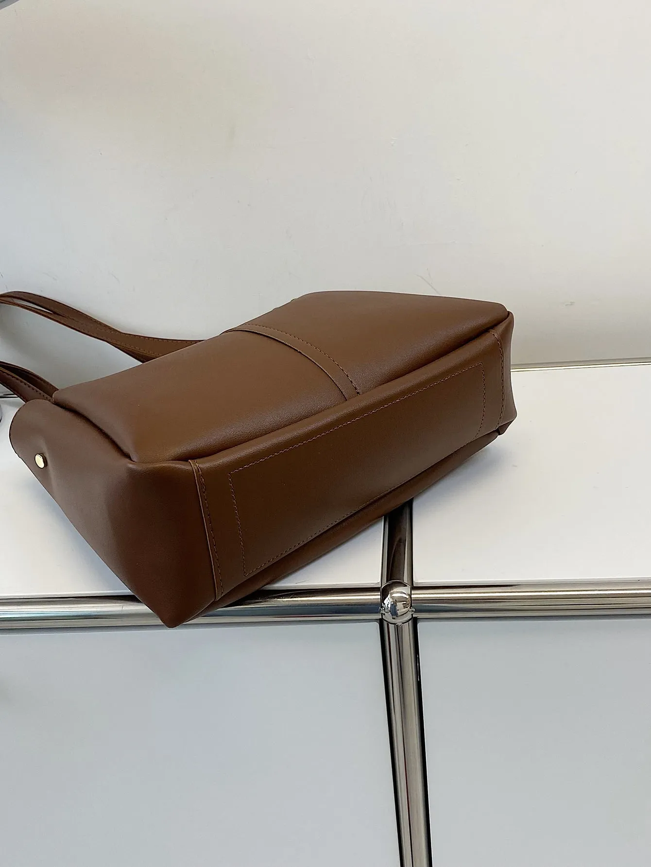 Stitch Detail Shoulder Tote Bag - Brown