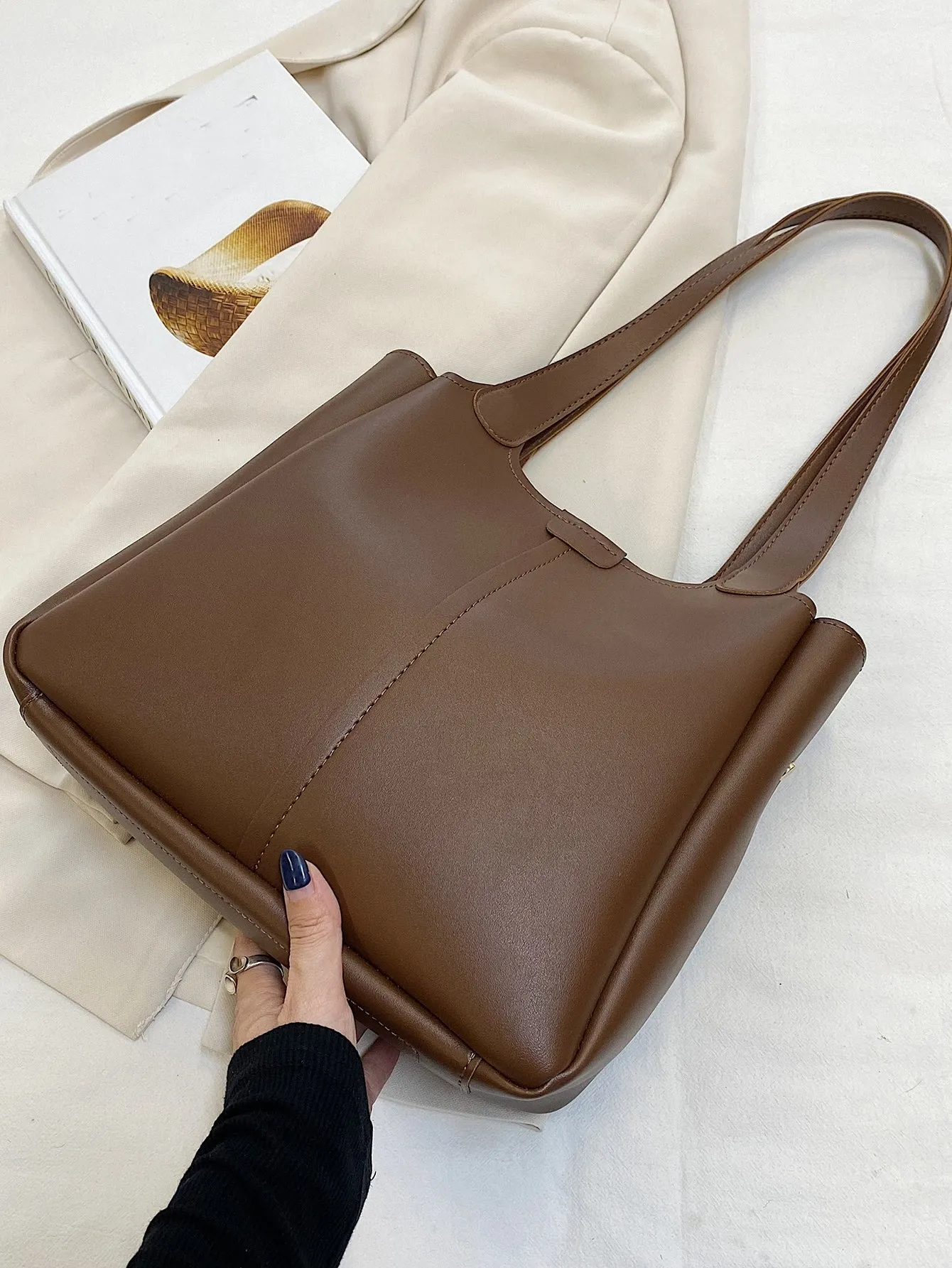 Stitch Detail Shoulder Tote Bag - Brown
