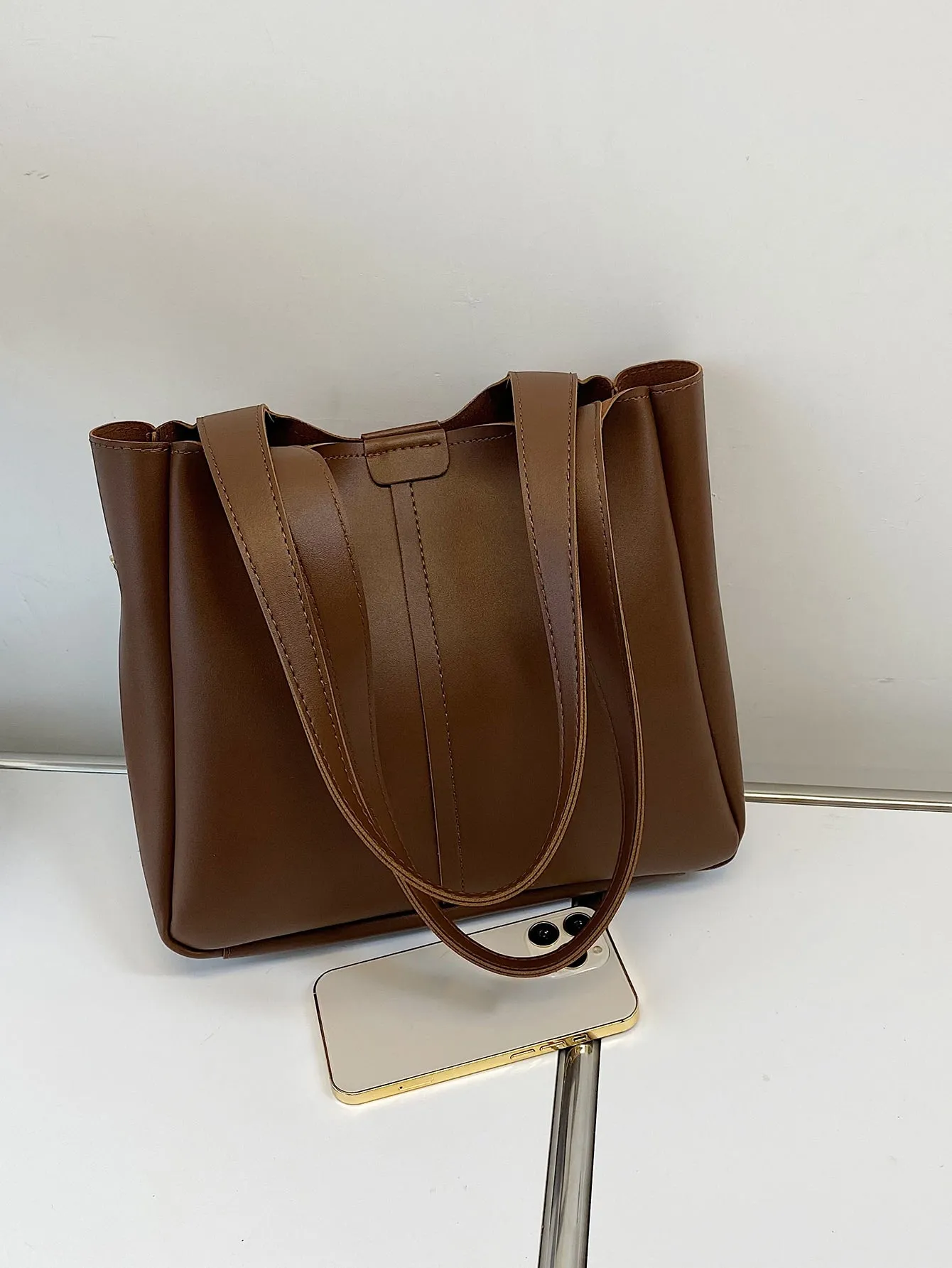 Stitch Detail Shoulder Tote Bag - Brown