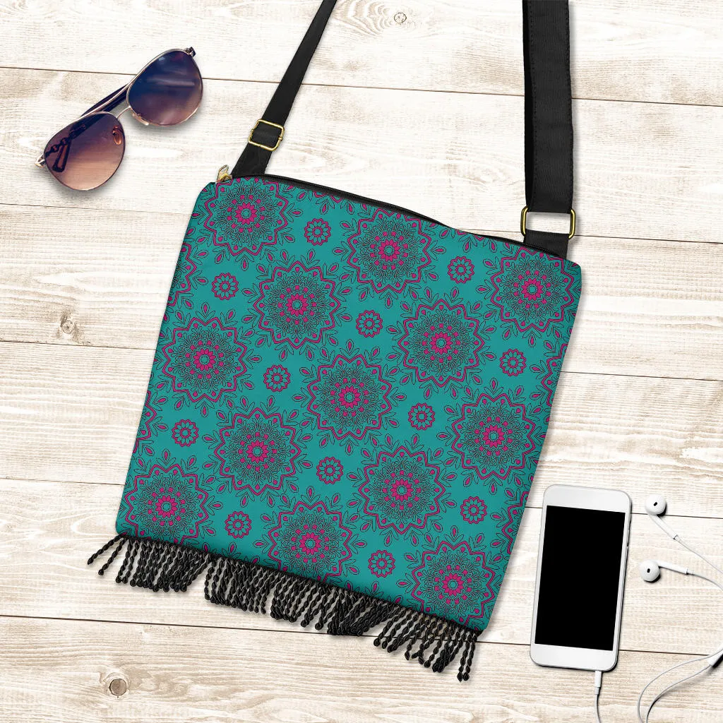 Teal With Pink Mandala Pattern Boho Style Fringe Purse Shoulder Crossbody Handbag