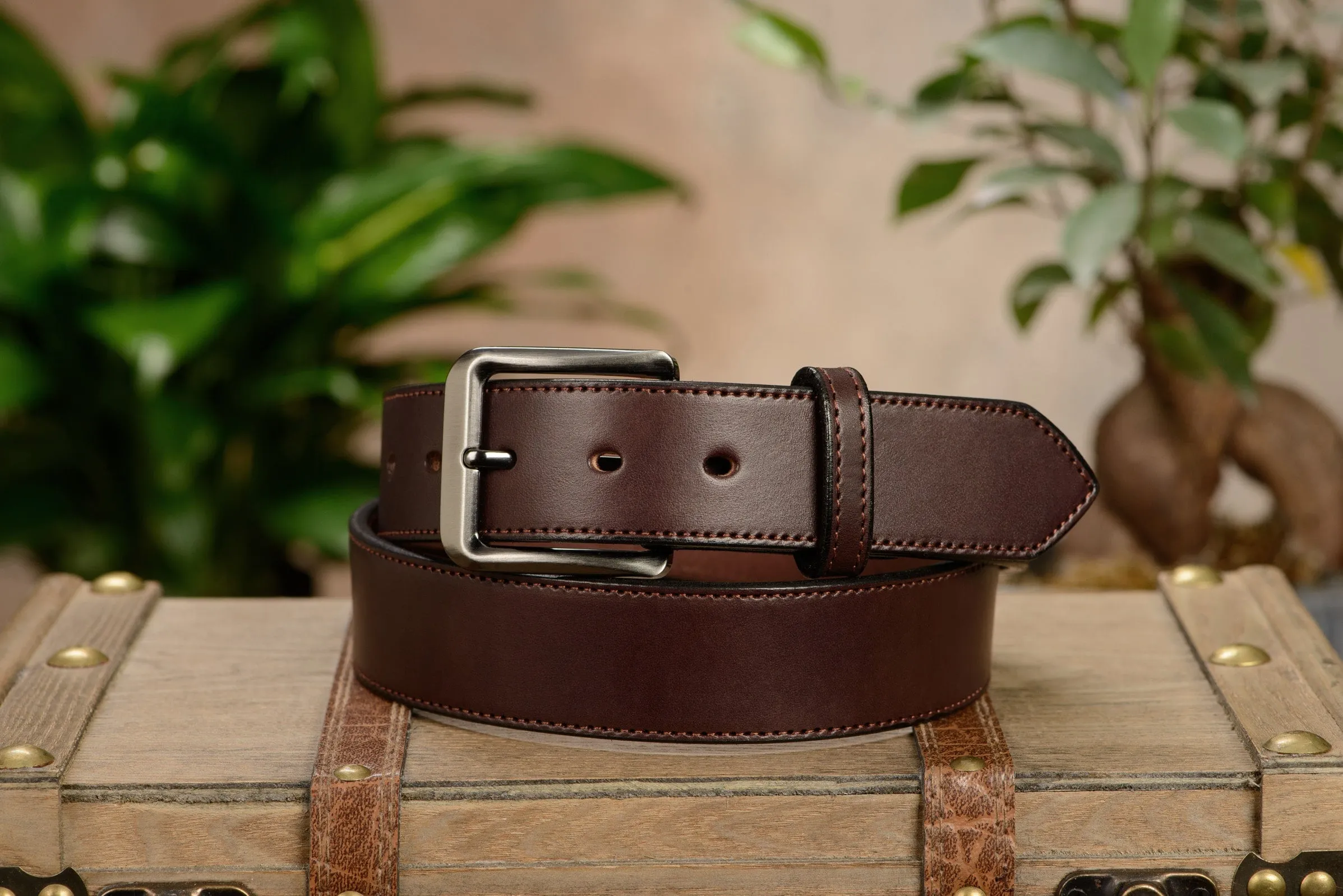 The Admiral: Men's Brown Stitched Leather Belt 1.50"