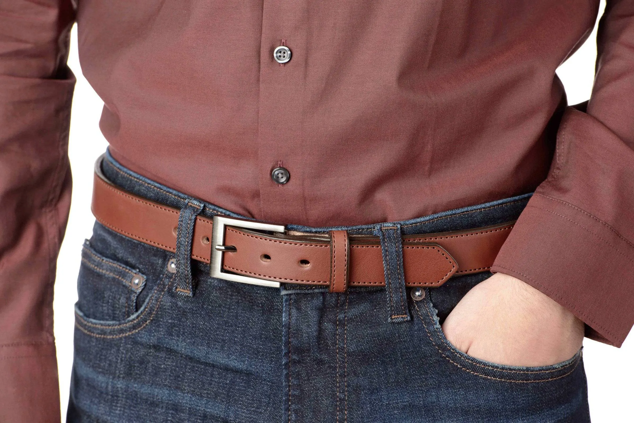 The Admiral: Men's Medium Brown Stitched Leather Belt 1.19"
