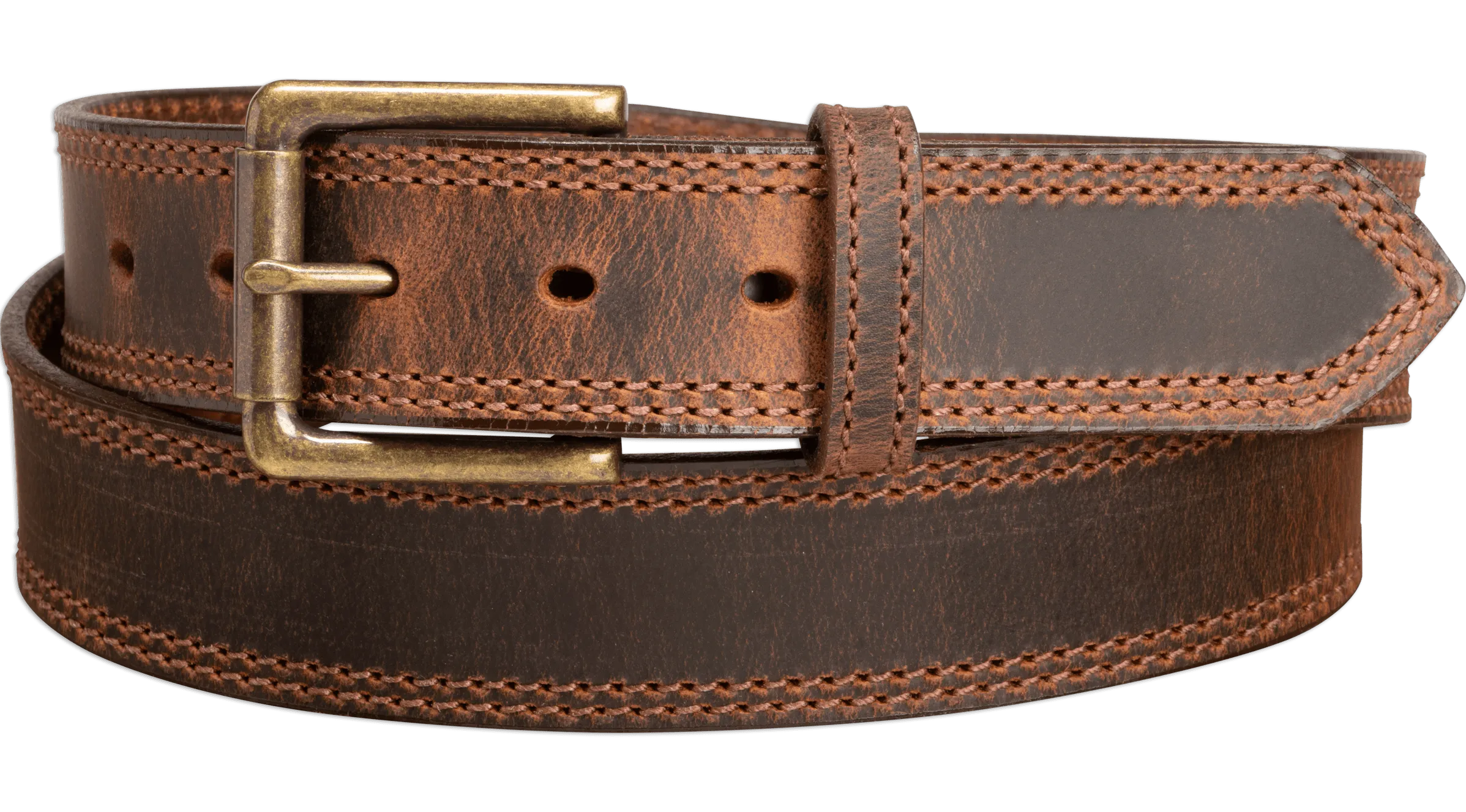 The Crazy Horse: Men's Rustic Brown Double Stitched Leather Belt 1.50" (Brown Colored Thread)