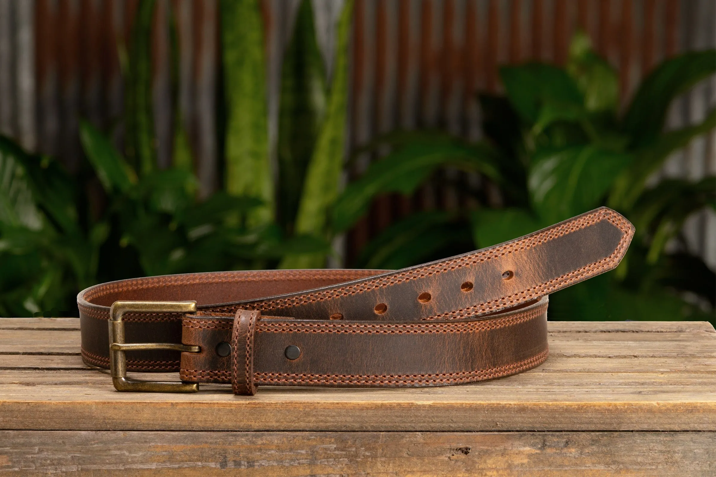 The Crazy Horse: Men's Rustic Brown Double Stitched Leather Belt 1.50" (Brown Colored Thread)