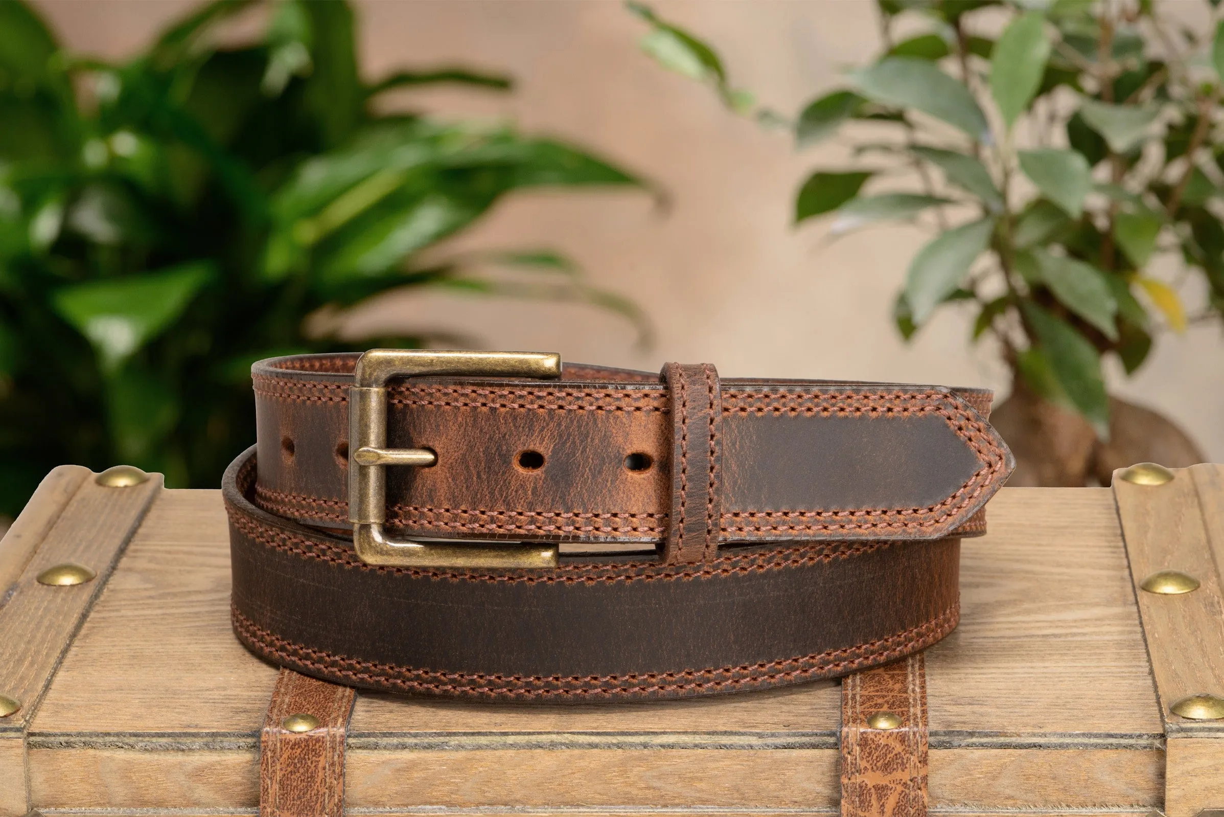 The Crazy Horse: Men's Rustic Brown Double Stitched Leather Belt 1.50" (Brown Colored Thread)