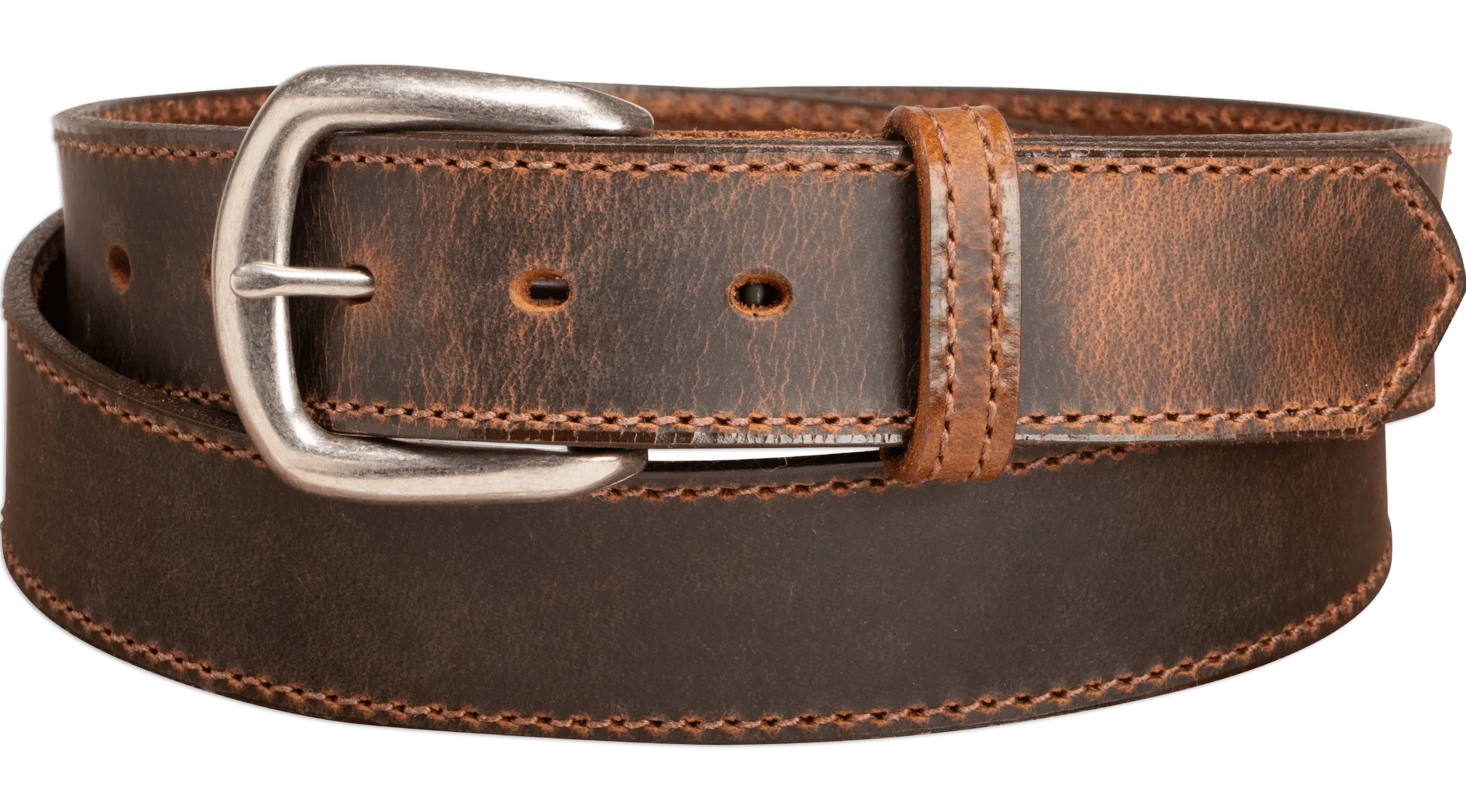 The Crazy Horse: Men's Rustic Brown Stitched Leather Belt 1.375" (Brown Colored Thread)