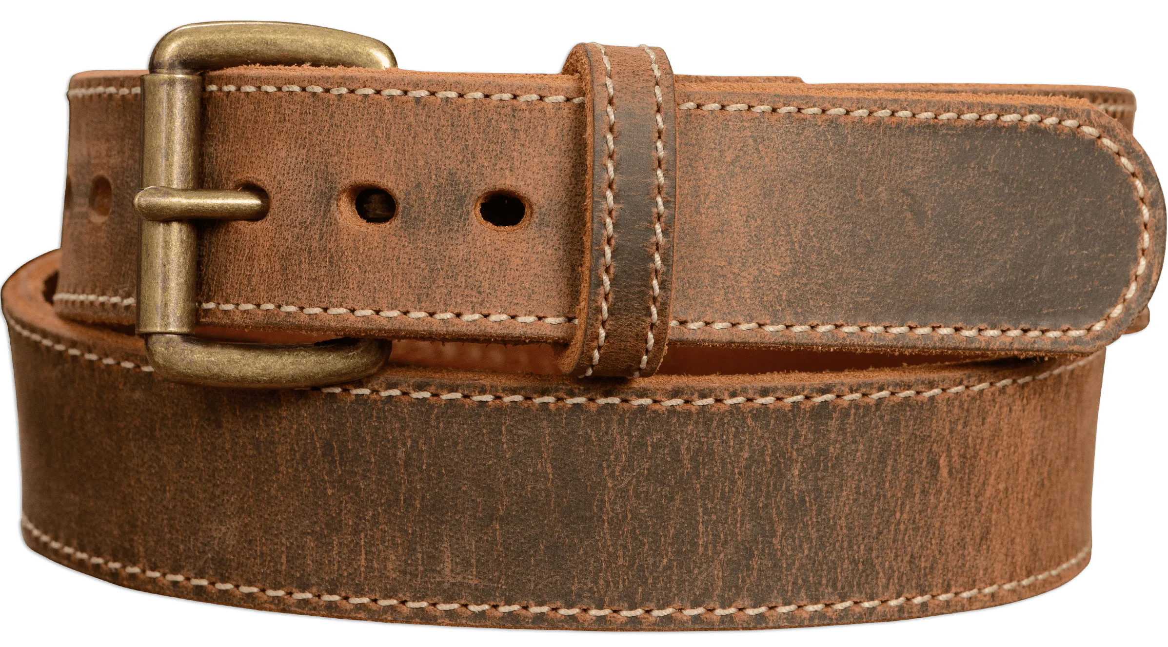 The Crazy Horse: Men's Rustic Brown Stitched Leather Belt Max Thick 1.50"