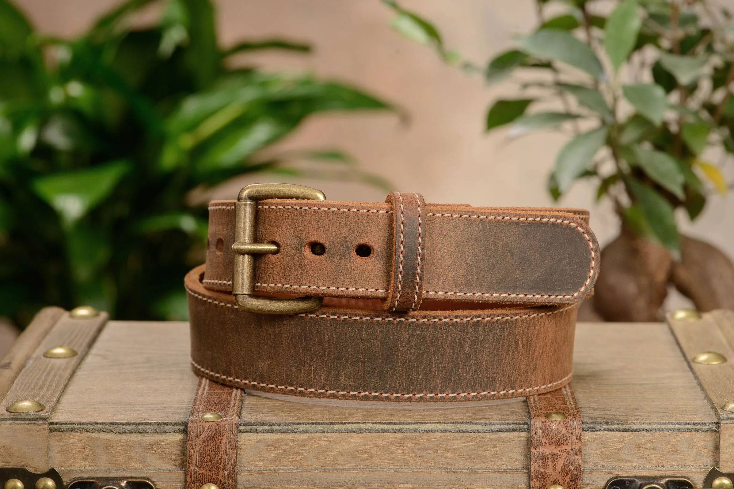 The Crazy Horse: Men's Rustic Brown Stitched Leather Belt Max Thick 1.50"