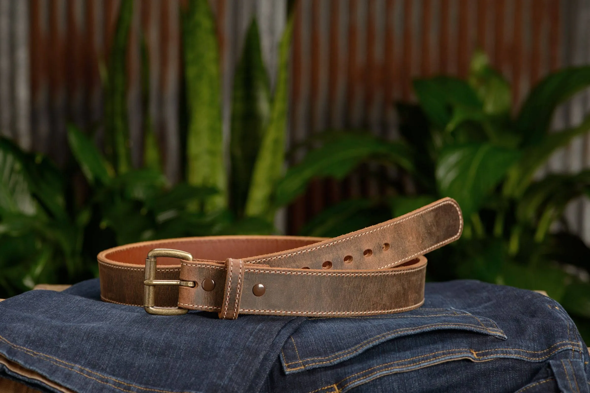 The Crazy Horse: Men's Rustic Brown Stitched Leather Belt Max Thick 1.50"